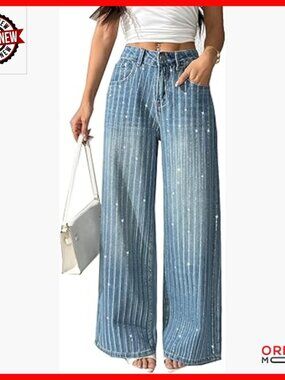 High Waist Wide Leg Rhinestone Jeans Sparkle Sequin Trouser Y2K Retro